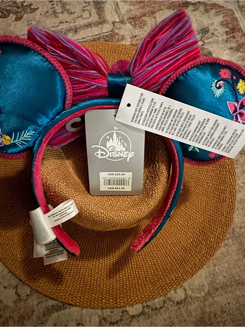 Disney Encanto Pink and Teal Embroidered Minnie Ear Headband with Striped Bow